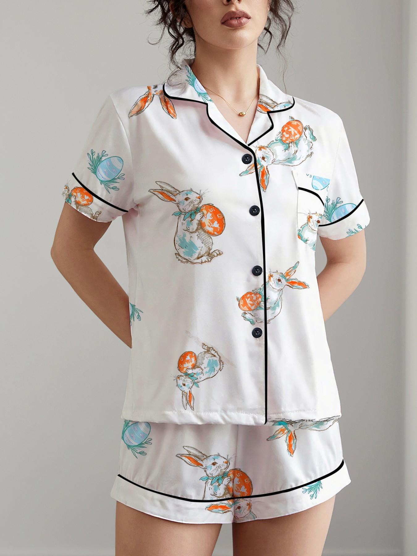 Easter 2 Piece Women's Pajama Set with Rabbit and Egg Print, Short Sleeve Button-Up Top and Loose Stretch Shorts, Casual Comfortable Sleepwear for Holidays and Everyday Wear