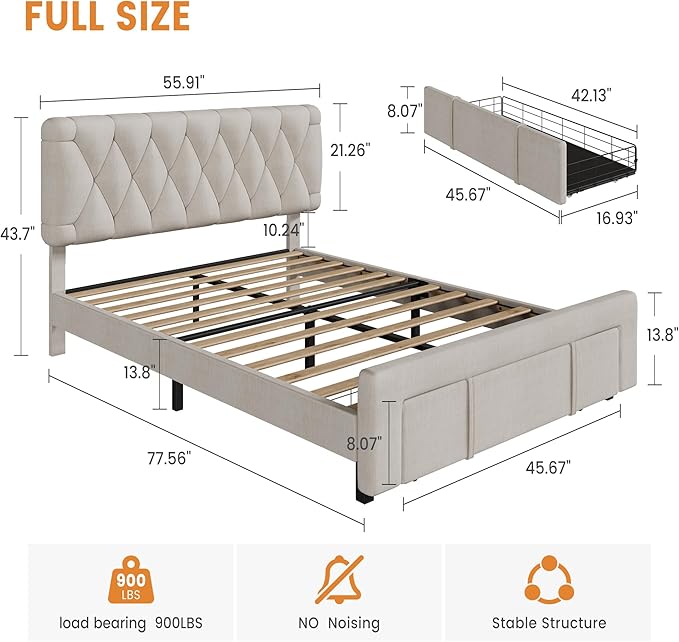 Bed Frame, Upholstered Platform Bed Frame with Storage Drawers, Mattress Foundation with Solid Wooden Slats Support, No Box Spring Needed
