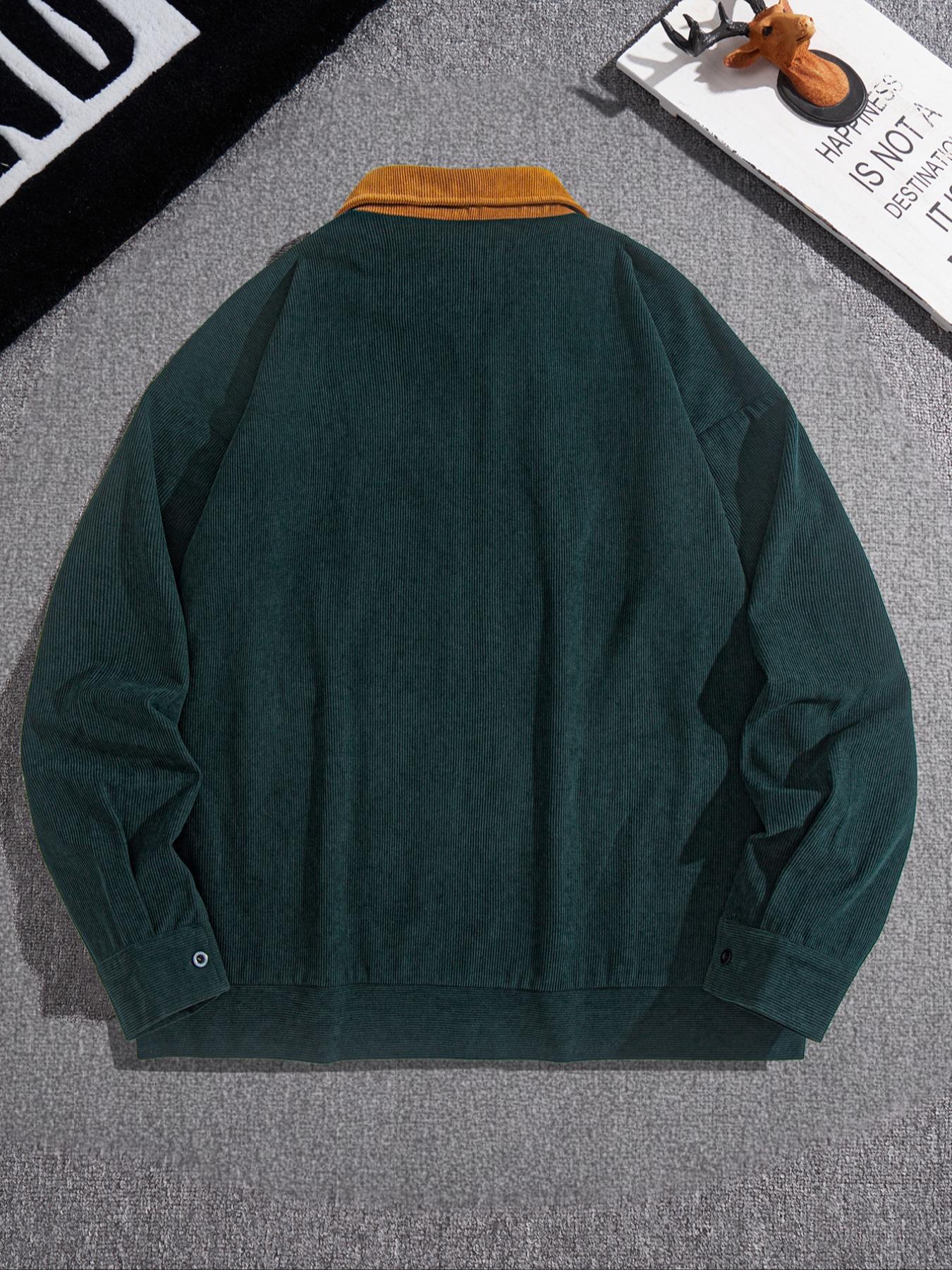 Men's Fashion Vintage Corduroy Jacket, Casual Loose Fit Colorblock Collar Design, Perfect for Outdoor Leisure & Trendy