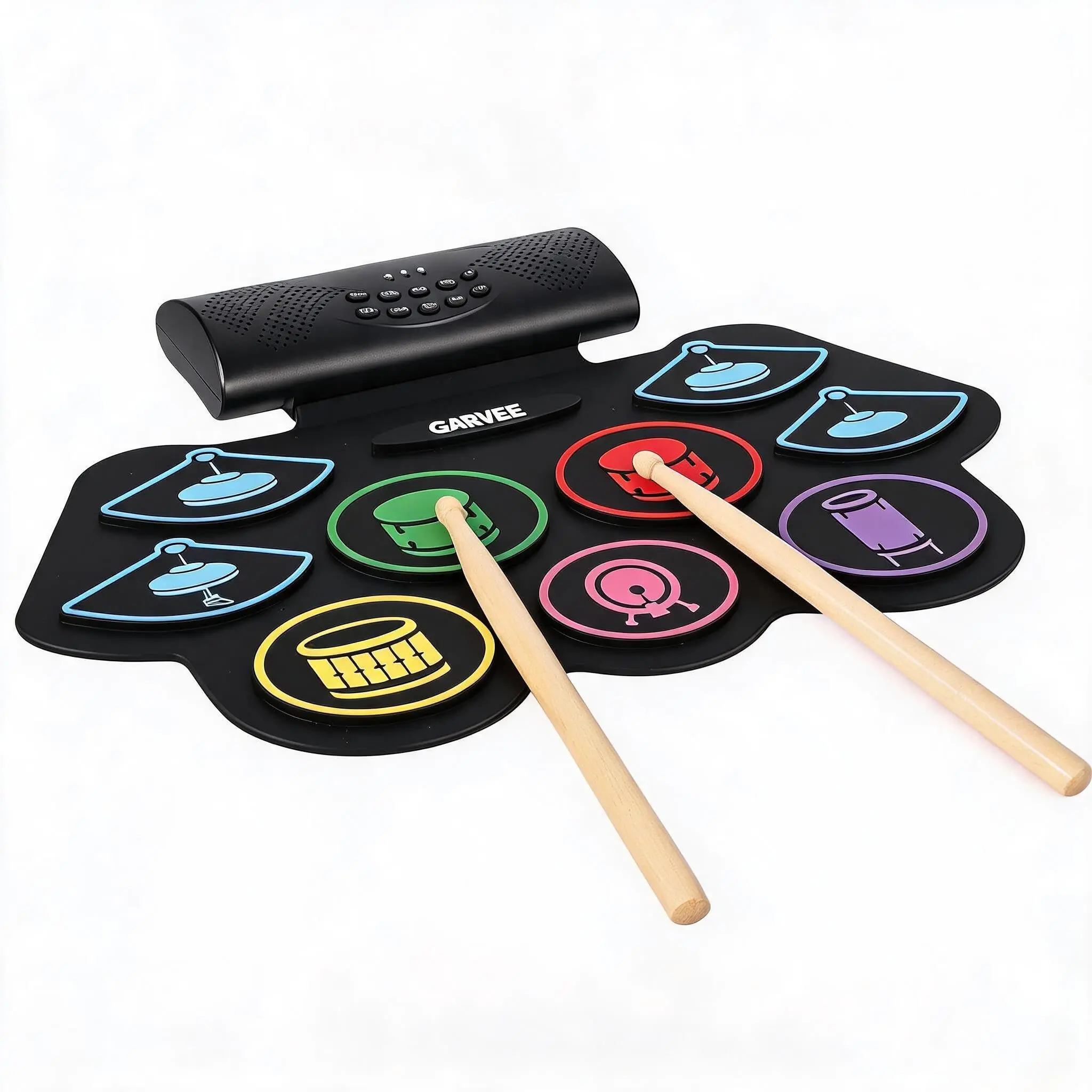 Garvee 9-Pad Roll-Up Electronic Drums Set, Bluetooth Digital Drums with Built-In Speaker, Colorful LED Lights, Portable Silicone Pad for Beginners’ Quiet Home Rhythm Practice