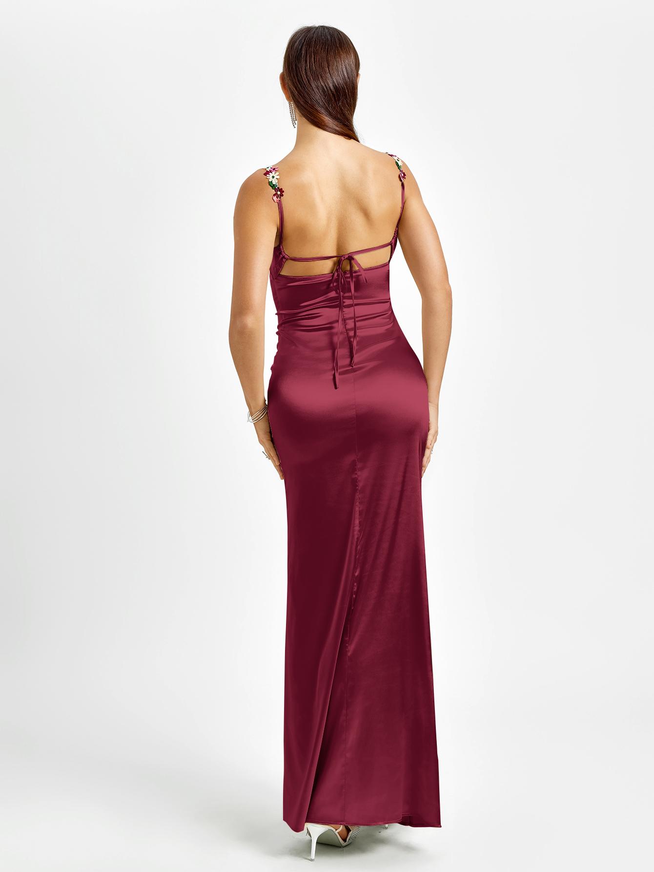 Parthea Backless Floral Embroidery Appliques Satin Ruched  Cami Long Dress,Women Formal & Evening Cocktail Dress
