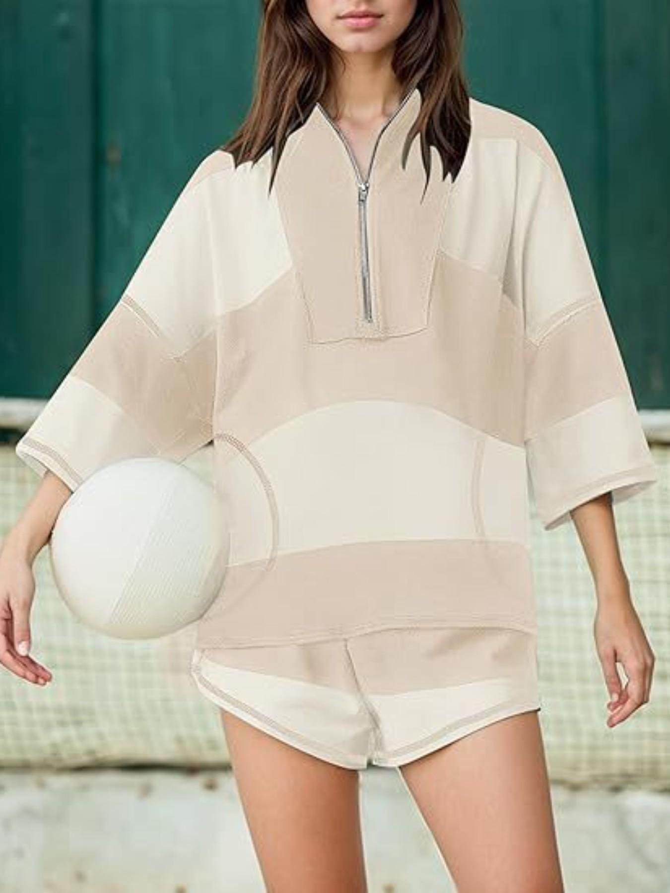 Women's Striped Half Sleeve Oversized Shorts, Casual Sportswear Set, Tennis Attire, Spring/summer Fashion, Comfortable & Stylish, Summer Athletic Wear