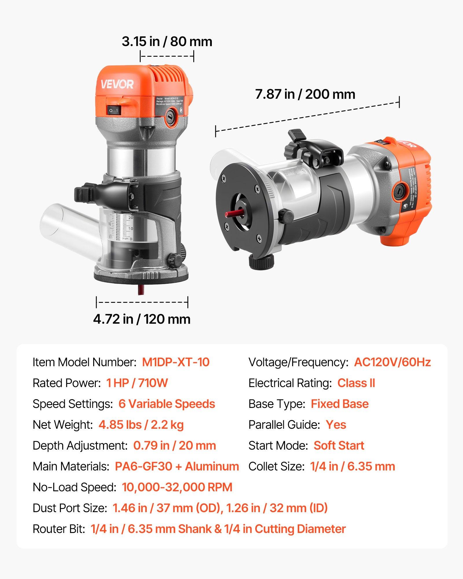VEVOR Wood Router, 1 HP 710W, Variable Speed Palm Router Tool with Soft Start, Compact Wood Edge Trimmer with Fixed Base & 1/4-Inch Collet, Dust Hood, for Woodworking, Trimming, DIY Projects, Corded