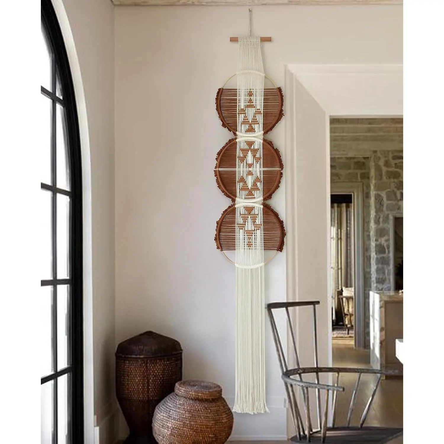 Macrame Wall Hanging Round Brown Handmade Wall Art Boho Decor 11.8"W*65"L