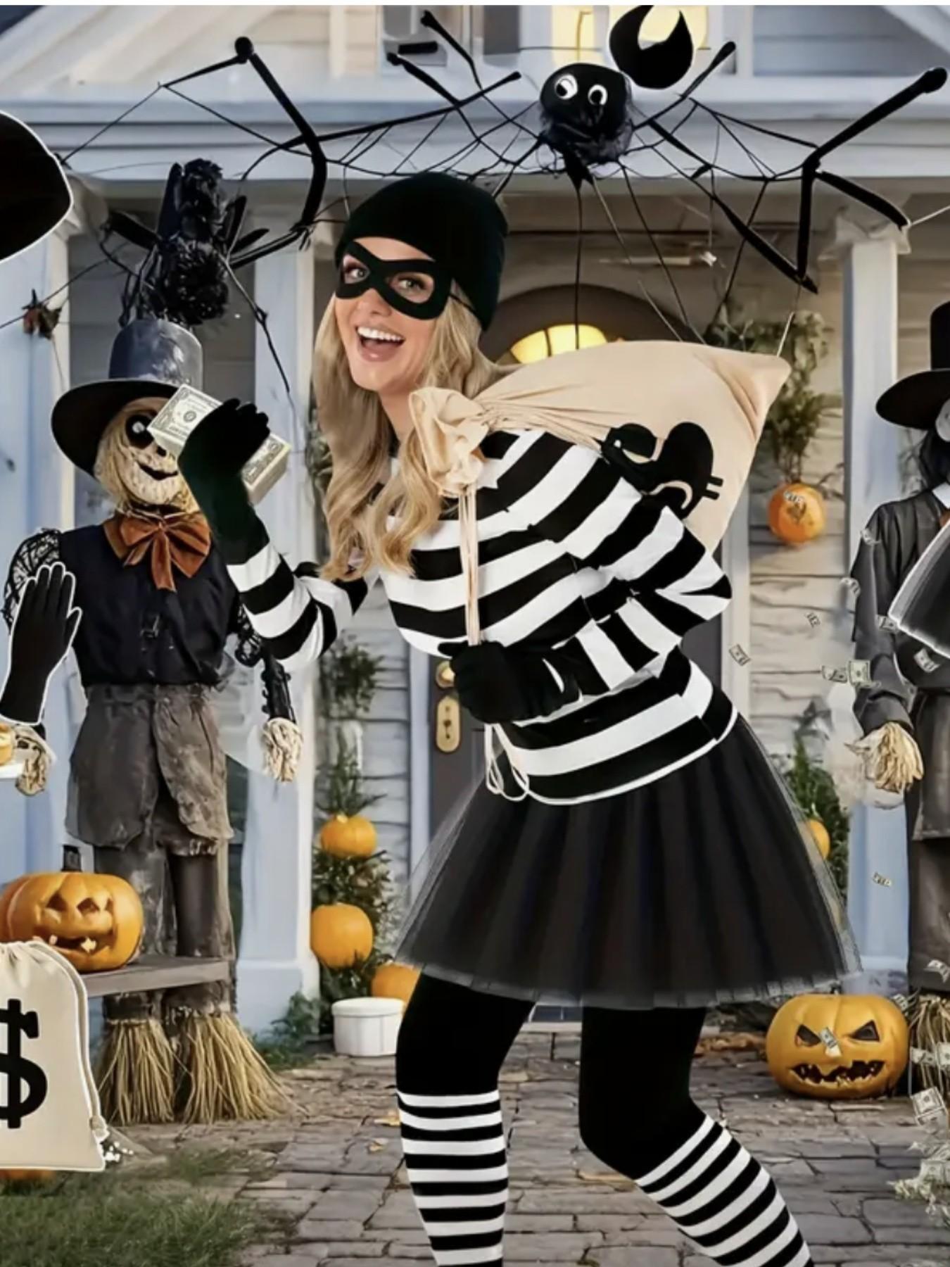 6-Piece Women's Thief Costume Set, Ballet Dress, Hat, Gloves, Eye Mask, Canvas Pouch, Striped Socks, Halloween, Easter, Christmas, Book Day