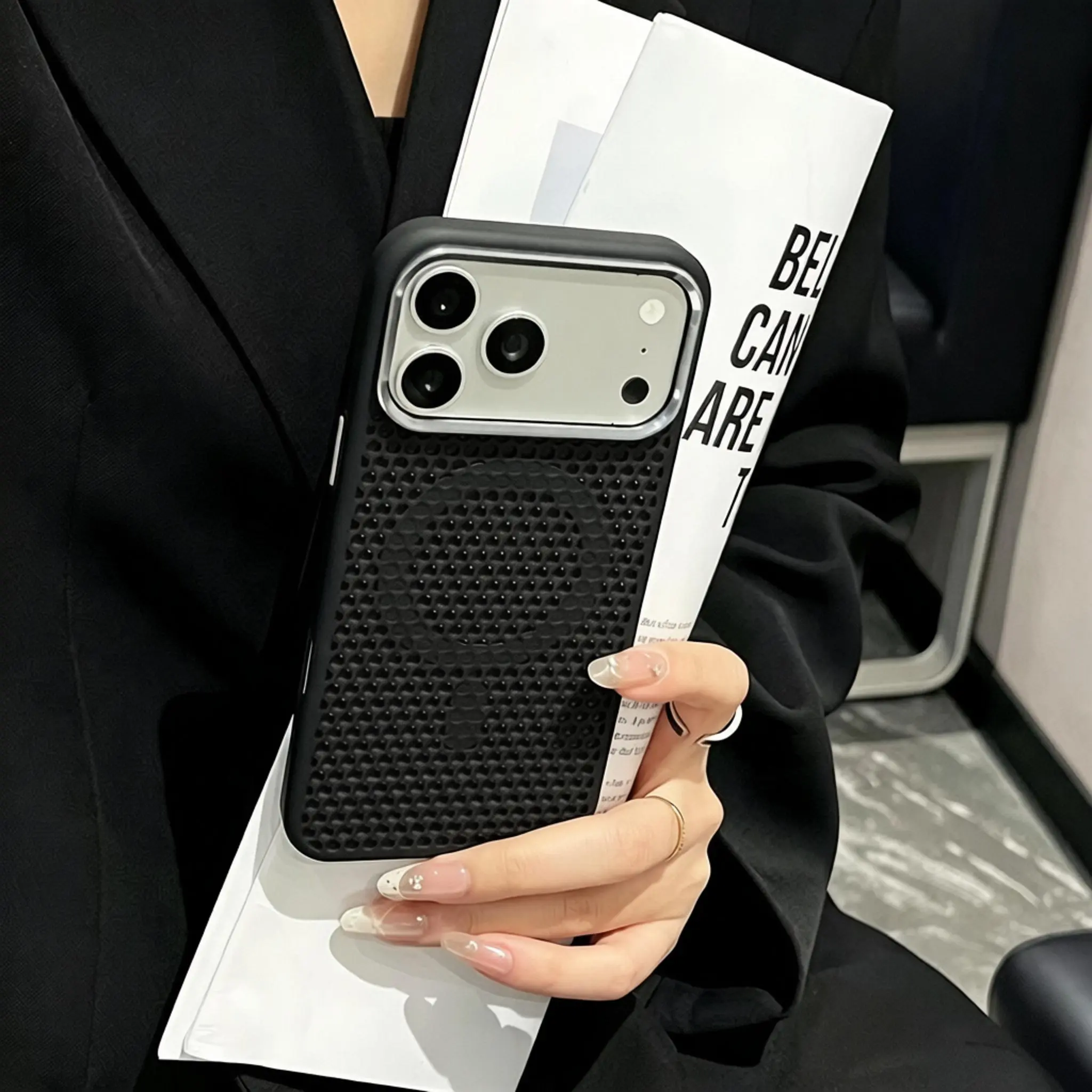 Metal Lens Frame with Honeycomb Heat Dissipation, Magnetic Phone Case with a Matte Feel, Shock-Resistant And Drop-Proof, Protects The Camera, Compatible with Iphone 17 Pro Max, 16, 15, 14, 13, And 12 Pro Max