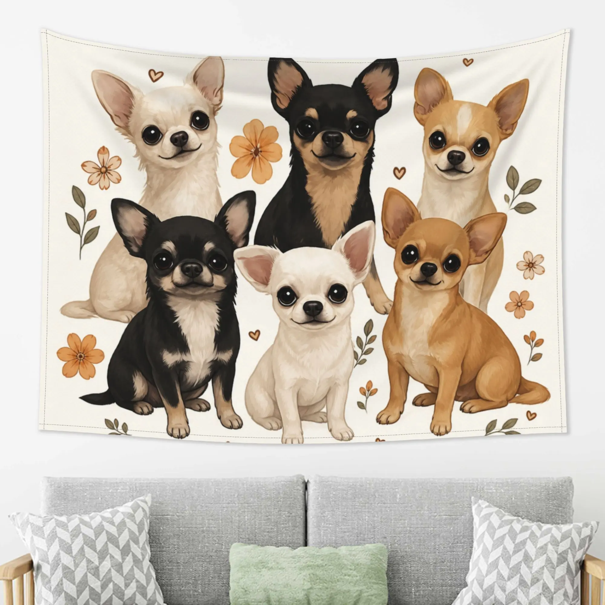 Chihuahua Wall Hanging Tapestry Cute Dog Pet Animal Portrait Art with Flowers Aesthetic Fabric Poster for Bedroom Living Room Dorm Home Decor,Hippie,UV