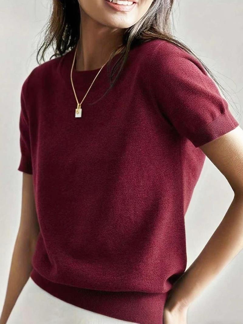 Women's Solid Color Crew Neck Short Sleeve Sweater, Casual Basic Knit Pullover for Spring & Fall, Fashion Women's Knitwear for Daily Wear, Womenswear