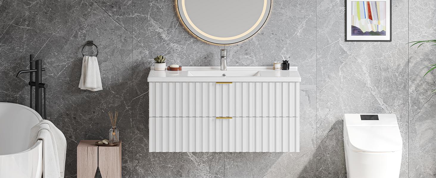 【Valentine's Day Gift】ONBRILL 36 Inch Bathroom Vanity with Sink Combo, Floating Bathroom Vanity with 2 Fluted Drawers & Metal Handle, Modern Wall Mount Storage Cabinet with Ceramic Integrated Sink for Small Space 【Valentine's Day Gift】ONBRILL 36 Inch Bathroom Vanity with Sink Combo, Floating Bathroom Vanity with 2 Fluted Drawers & Metal Handle, Modern Wall Mount Storage Cabinet with Ceramic Integrated Sink for Small Space