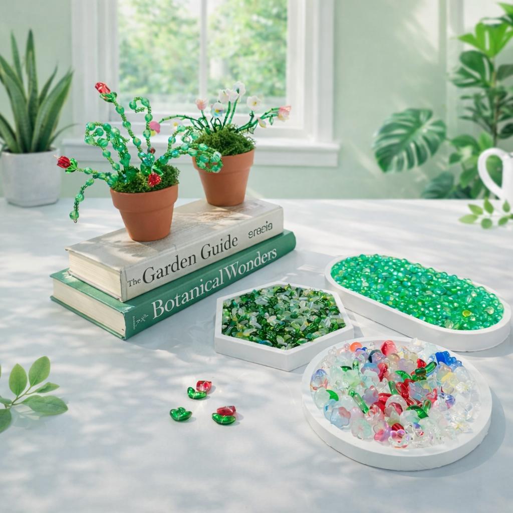 6384pcs Beaded Plants Kit Magnets for Fridge, Green Beads Leaf Glass flowers for Succulent Plant Lover Jewelry Making Diy Craft Gifts Colorful Dangling Charms Sun Catchers Window Home Décor