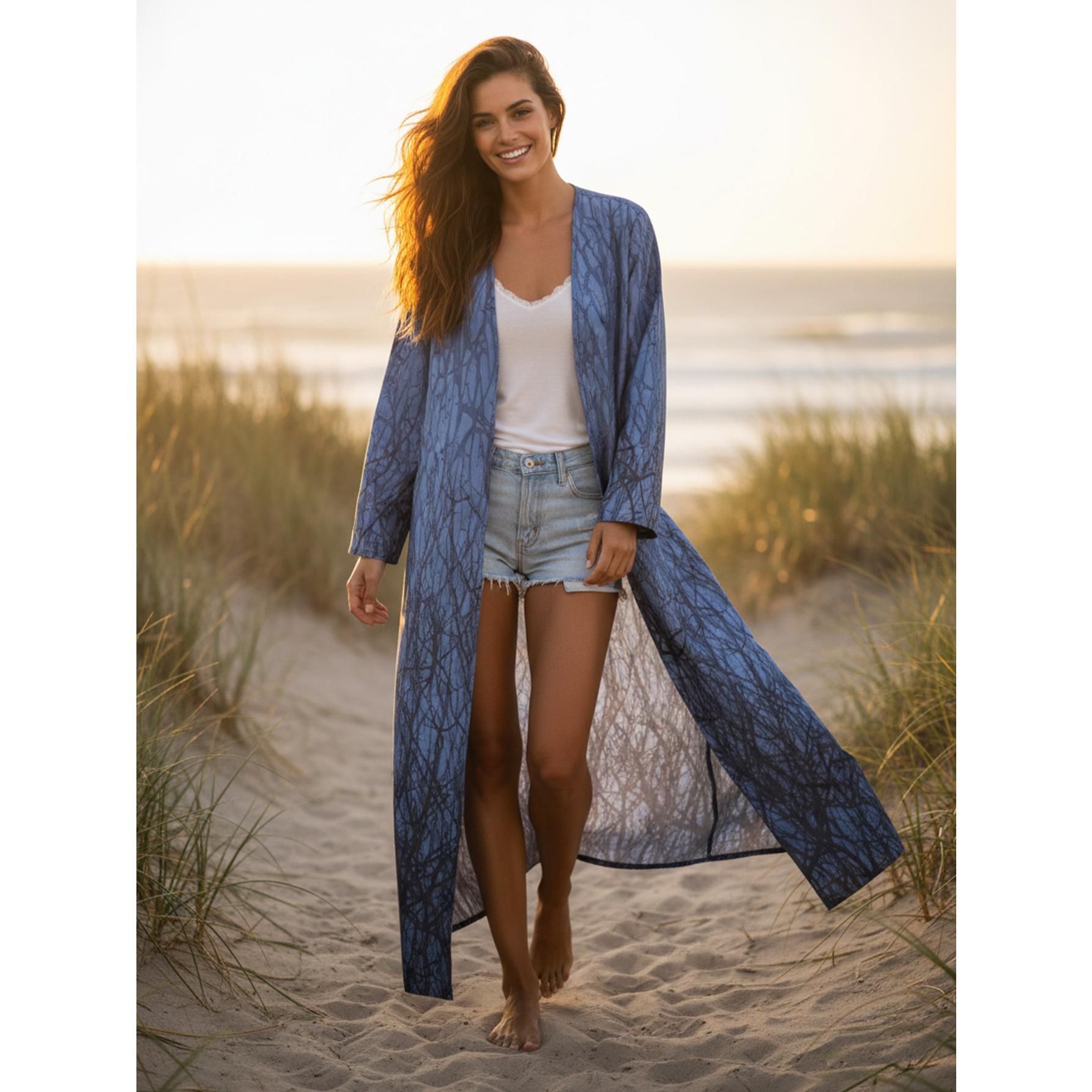 Midnight Forest Print Open Abaya Artistic Blue Kimono Cardigan | One Size Fits Most S-2XL | Perfect for Beach Resort, Art Gallery & Summer Evenings