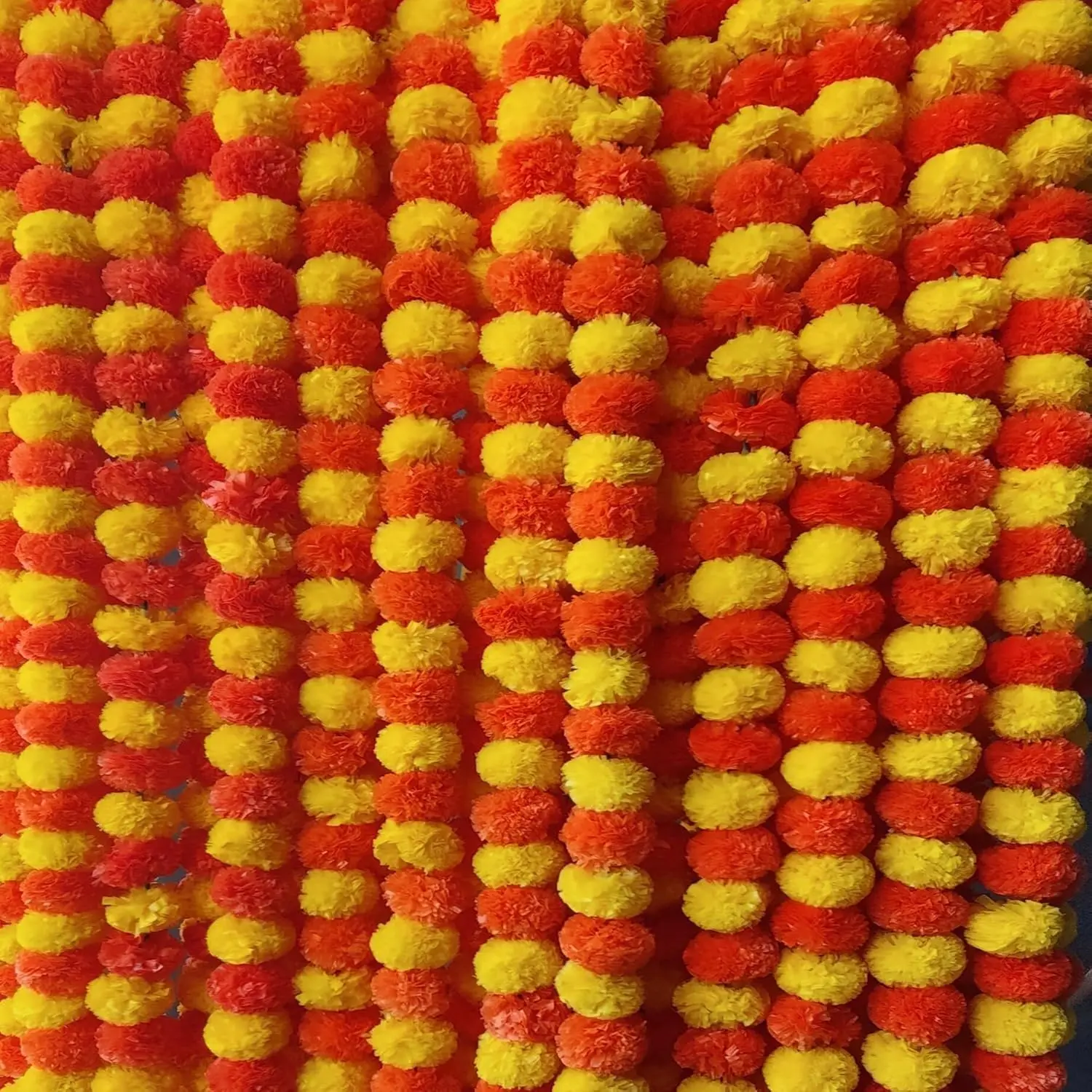 Artificial Marigold Garland for Decorations - 5 feet Marigold Strands for Diwali, Day of Dead, Dia de Los Muertos, Christmas Garlands (Lemon & Dark Orange)