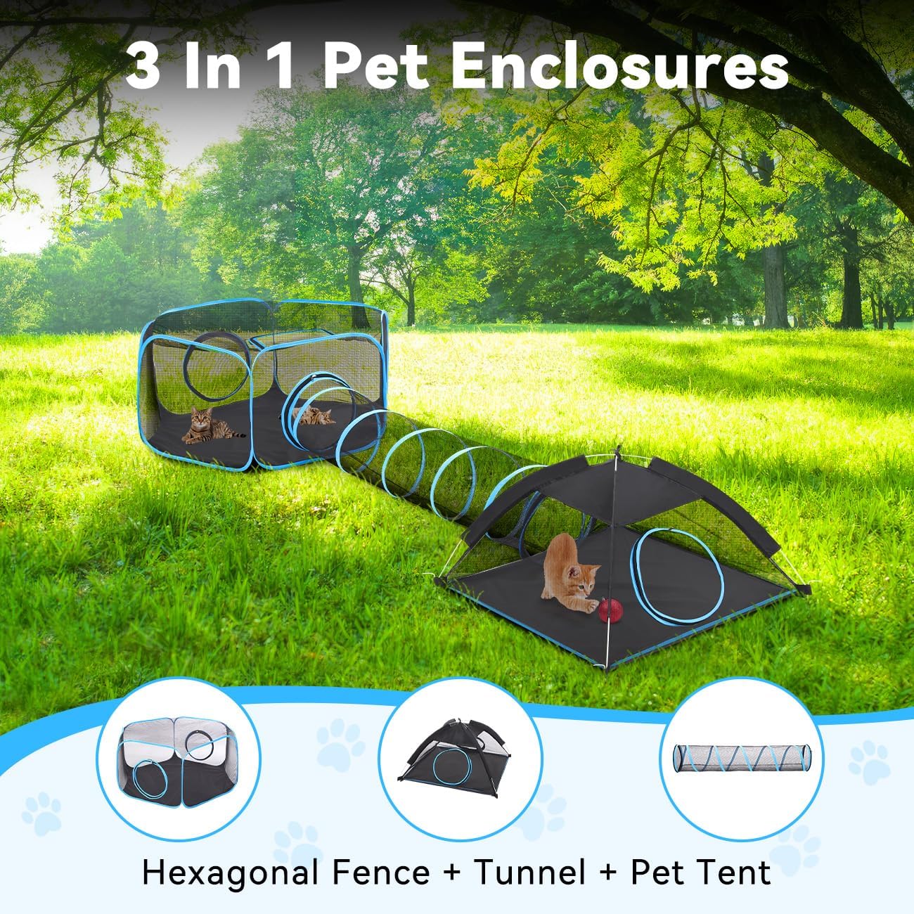 Pawaboo Outdoor Cat Enclosures for Cats Indoor, Patio Portable Mesh Cat Tent, Tunnel, Playhouse with Free Carry Bag & Metal Rod for Multiple Small Animals, Includes Cat Playpen+2 Tent+ Tunnel,Rainbow