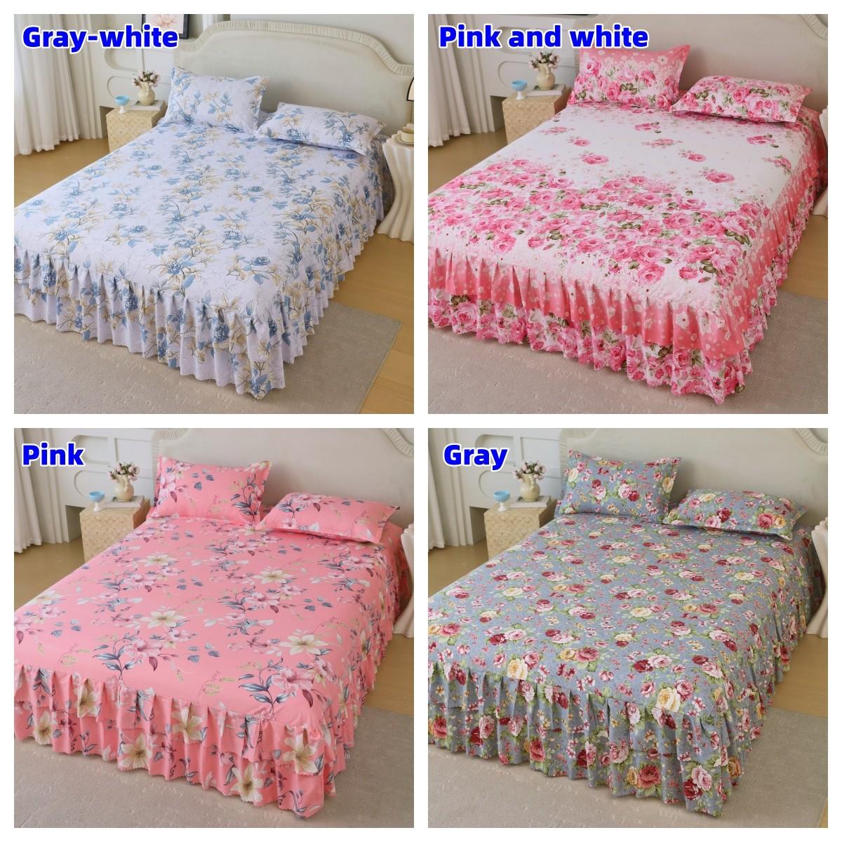 Floral Print Ruffled Edge Bed Skirt Set, 3 Counts/set Including 1 Bed Skirt & 2 Pillowcases without Filler, Comfy Bedding Set for Home Bedroom, All Seasons, Bedroom Decor, Christmas Gift