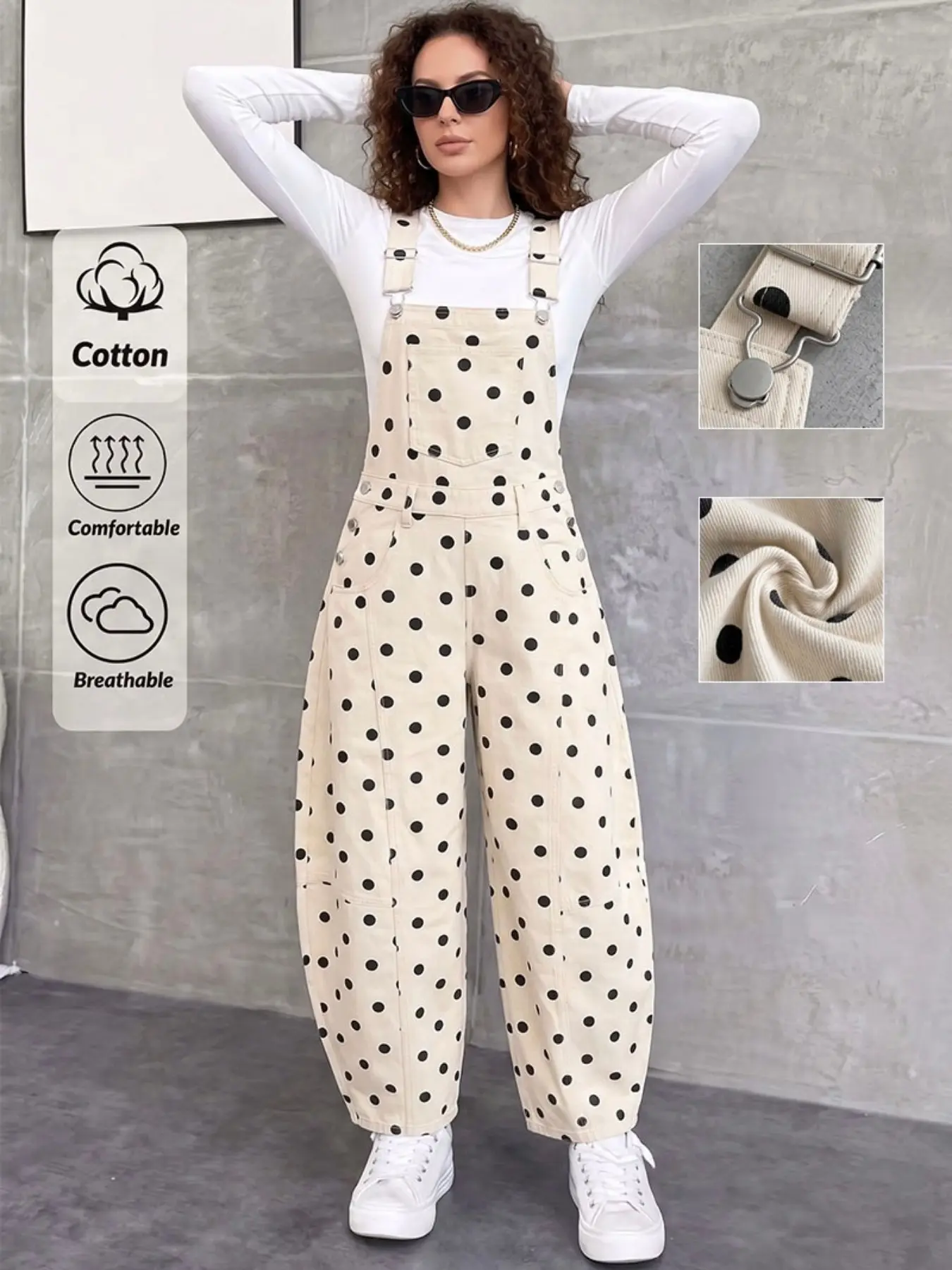 Molypark Women's Polka Dot Denim Jumpsuit, Y2K Retro Loose Fit Adjustable Straps, Casual Streetwear for All Seasons, Adjustable Strap Overalls