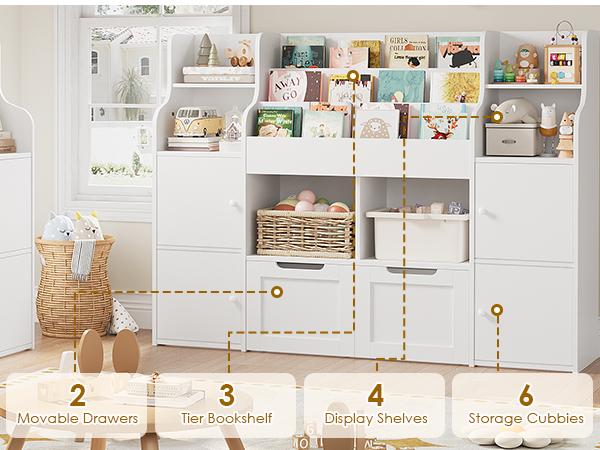 FOTOSOK Toy Storage Organizer with  8 Storage Cubbies and 2 Movable Drawers, Toy Organizer with Hidden Wheels and 3-Tier Kids Bookshelf, Multifunctional Floor Storage Chest for Playroom