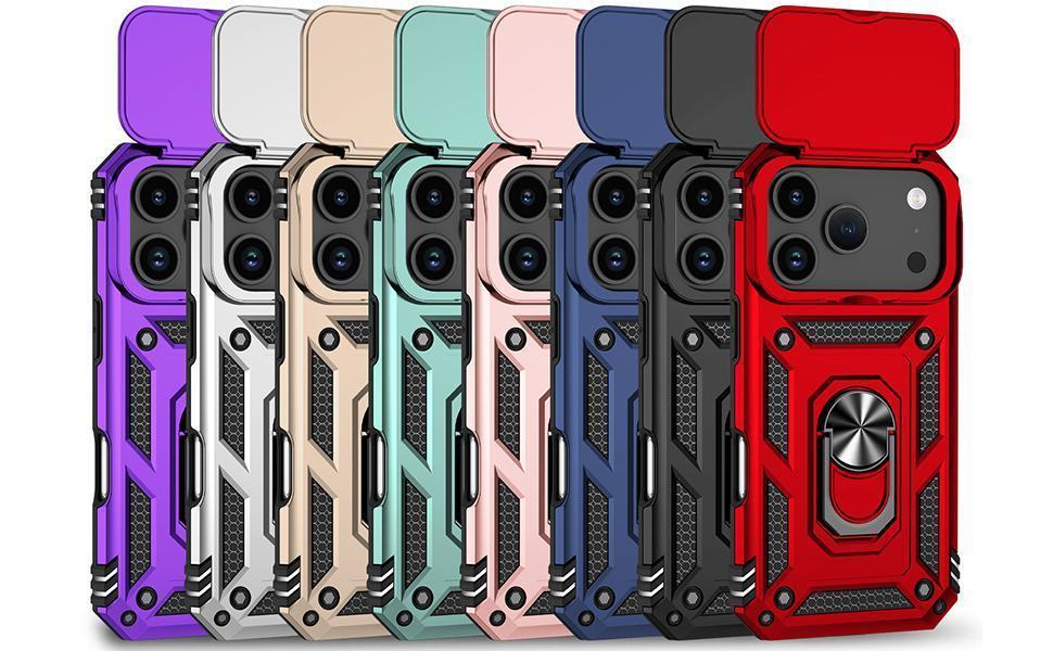 For iPhone 17 Pro Case, with Slide Camera Cover HD Screen Protector [Military Grade 16ft. Drop Tested] Ring Holder Kickstand Protective Phone Case for Apple iPhone 17 Pro, Black