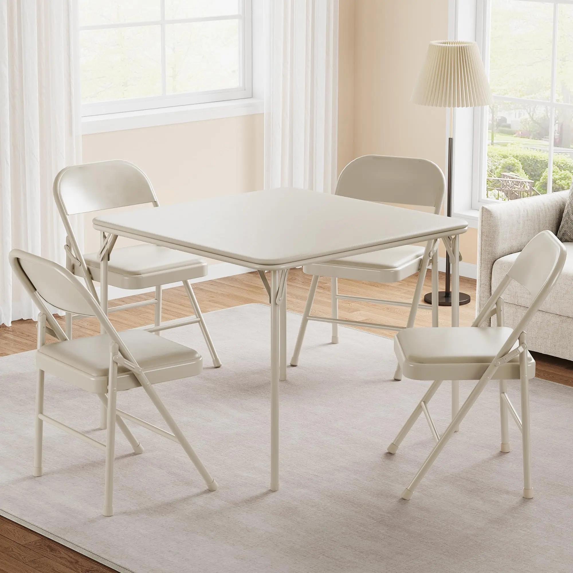 Beige 5-Piece Folding Card Table and Chair Set – Cushioned PU Leather Chairs, Collapsible Metal Frame – Space-Saving for Dining, Game Room, Office