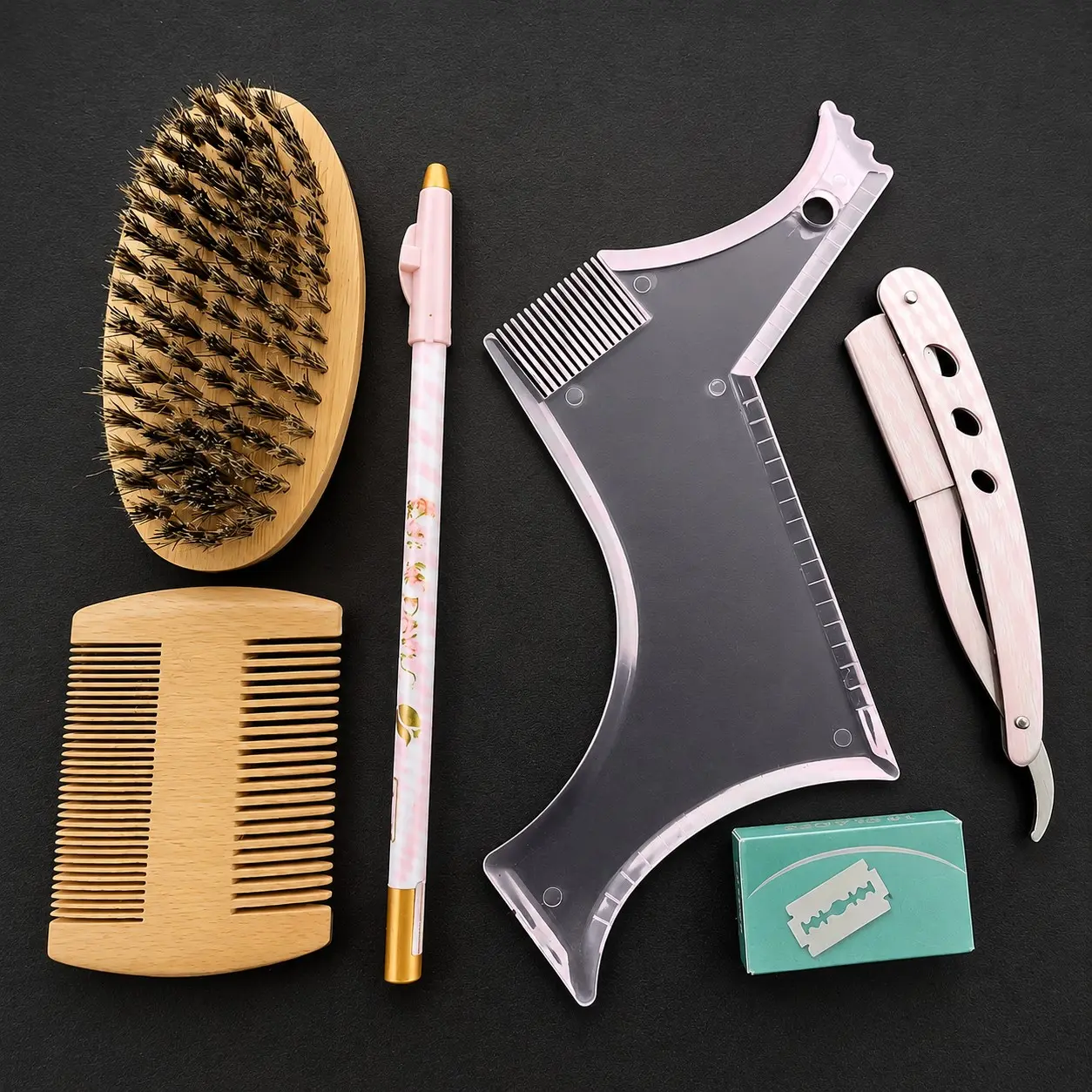 Men's 6-in-1 Beard Grooming Kit, Beard Shaping Tool Set with Brush, Comb, Straight Razor, Razor Blades and Beard Pencil, DIY Shaving Edging Tool for Men, Beard Styling Tools