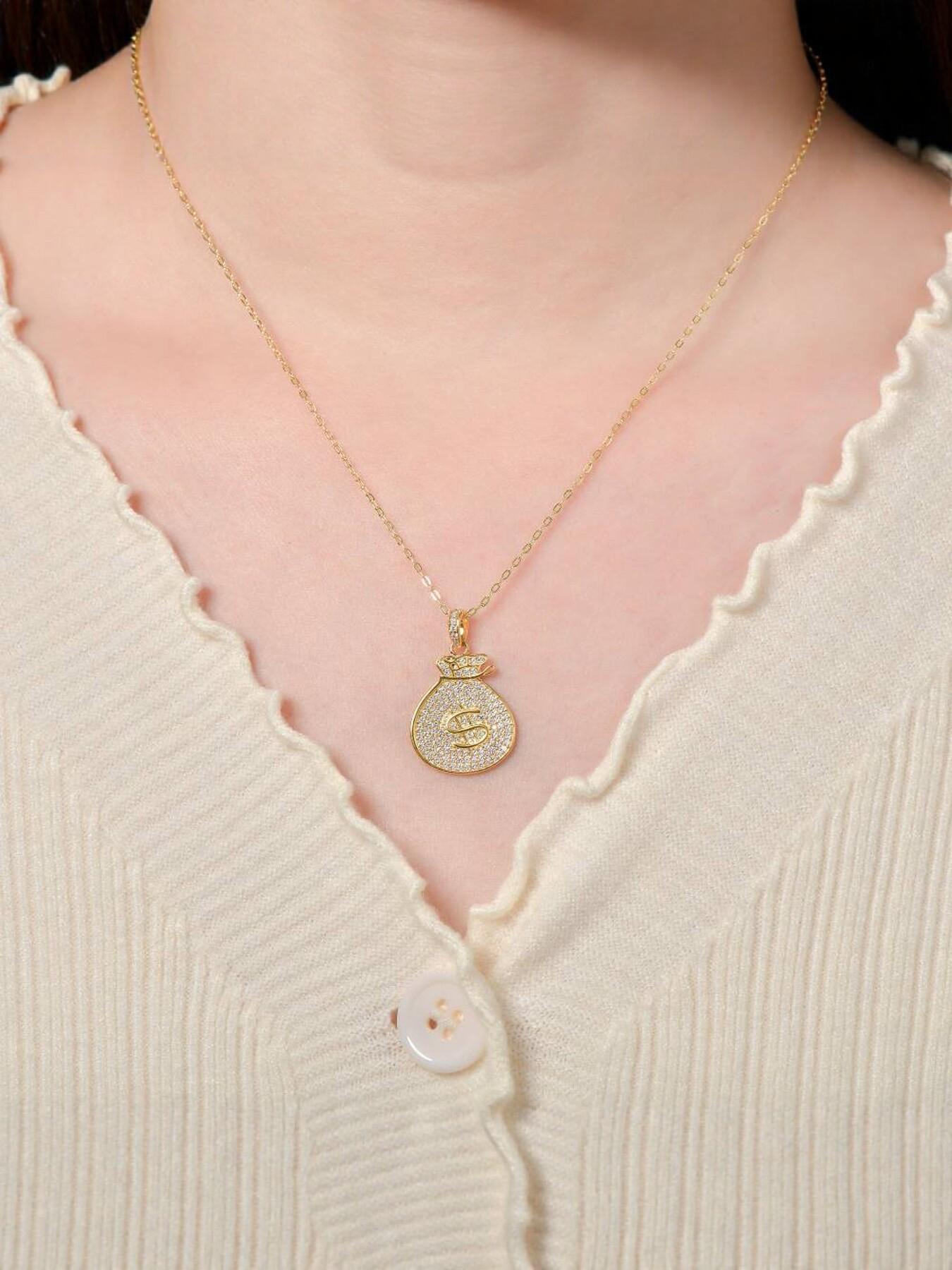 Sparkling CZ Money Bag Pendant Necklace, Iced Out Dollar Sign Necklace, 14K Gold Plated Wealth Lucky Jewelry for Women Men, Hip Hop Everyday Wear Gift