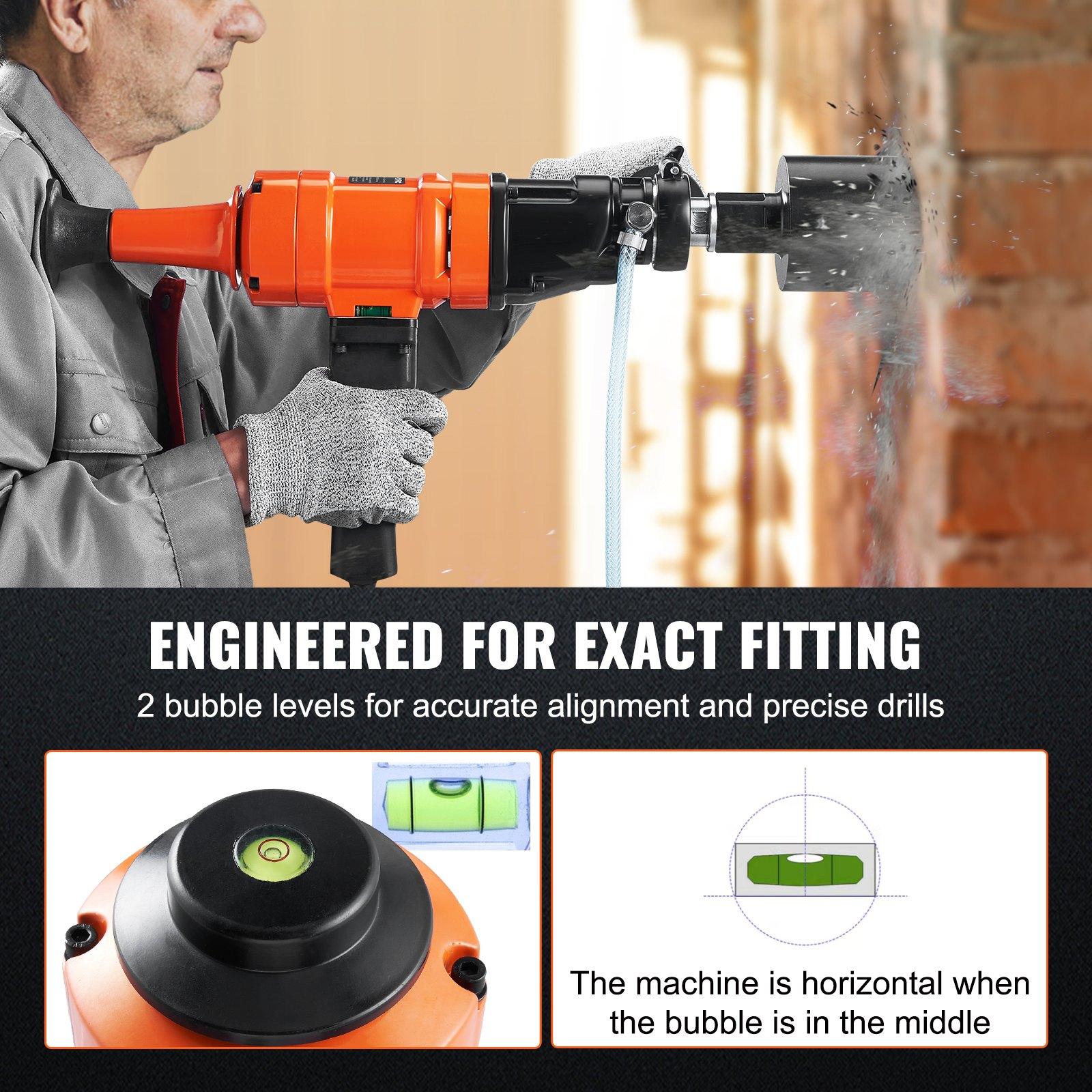 【Summerfinds】VEVOR Diamond Core Drilling Machine, 4in Handheld Wet Concrete Core Drill Rig, 1100-2400RPM Two Speed & 1-1/4" Thread & 2 Bubble Levels, 3-4in Drilling Diameter for Concrete Brick Block Stone, 1500W
