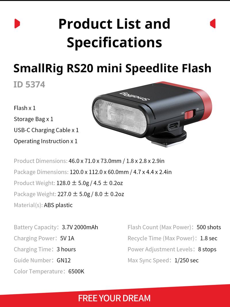 SmallRig RS20 Mini Camera Flash for Canon for Sony, GN12 Speedlite Flash for Camera with 2000mAh Battery OLED Screen, 8 Levels 500 Full-Power Flashes/1.8s Recycle/6500K, A/M Mode 1/1-1/128-5374