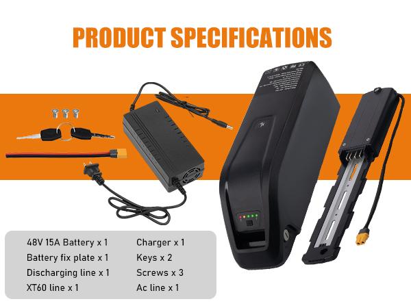 48V 15.6AH Ebike Battery, 4pin Suitable for 1500W motors with 2A Fast Charger and 40A BMS, USB Interface, Battery Indicator, Power Switch, Adult Electric Bike