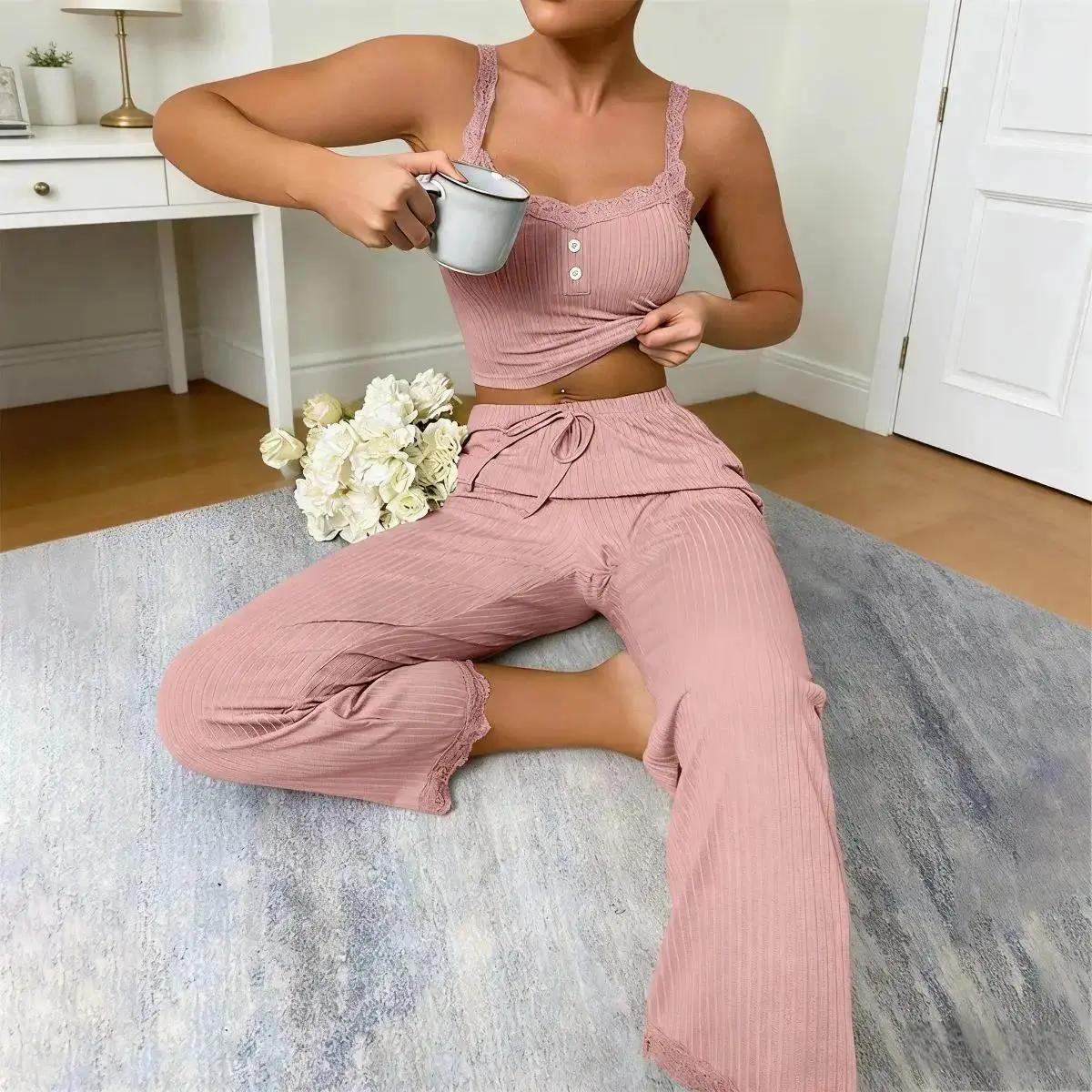 2-Piece Ribbed Pajama Set for Women, Sleeveless Lace V-Neck Top & Full-Length Lounge Pants, Soft Stretchy Nightwear for Camping, Sleep & Daily Wear