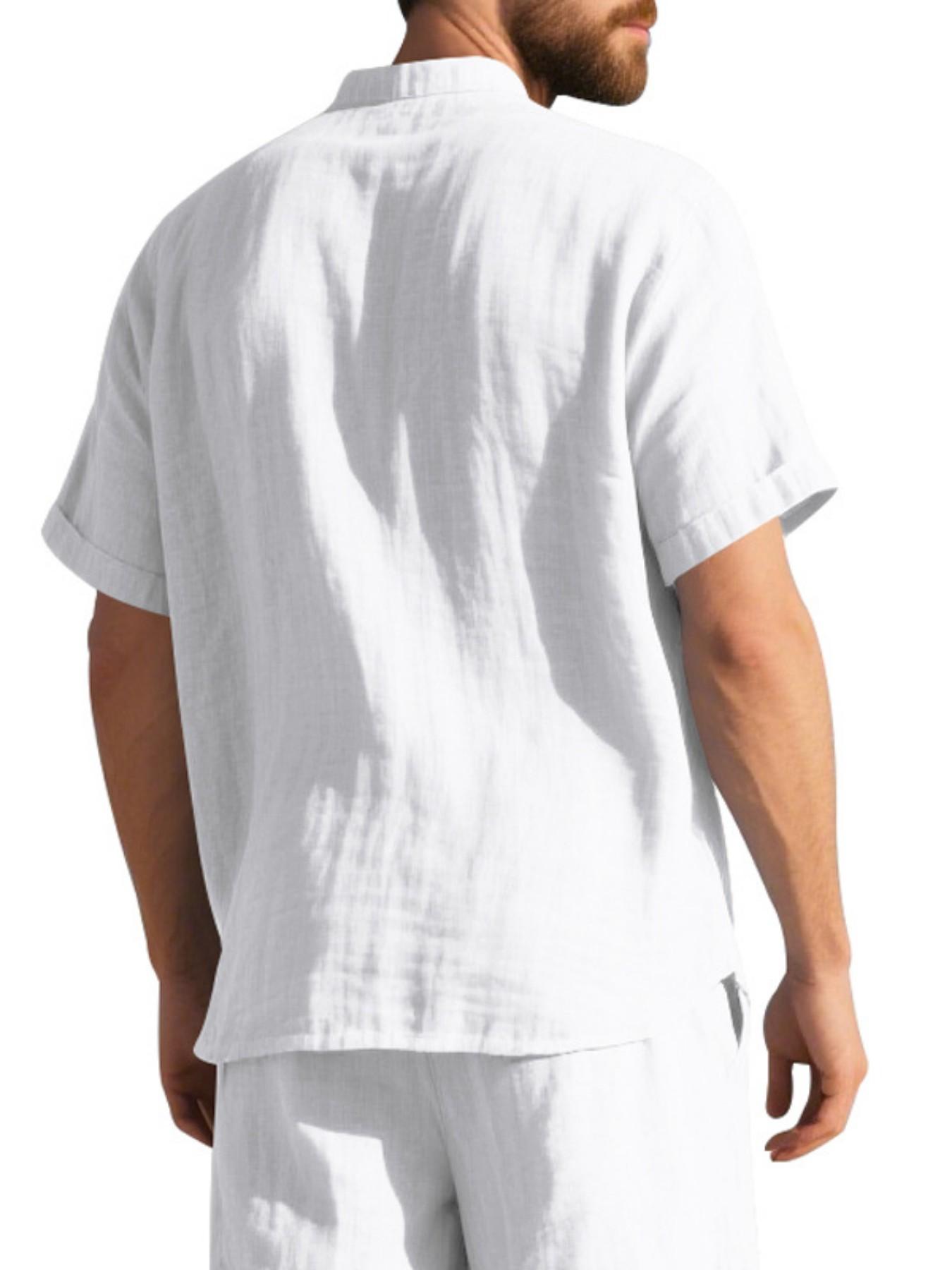 Men's Stand Collar Short Sleeve Shirt, Textured Half Button Front Chest Pocket Top, Breathable Casual Business Versatile Blouse