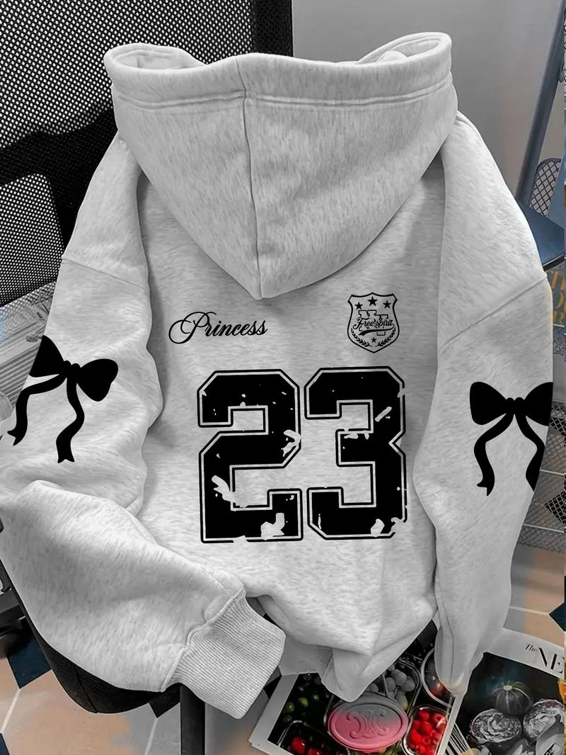 Women's cool and cute trendy number bow print hoodie, kangaroo pocket, drawstring hooded sweatshirt, fashionable autumn and winter wear, Graphic Hoodies