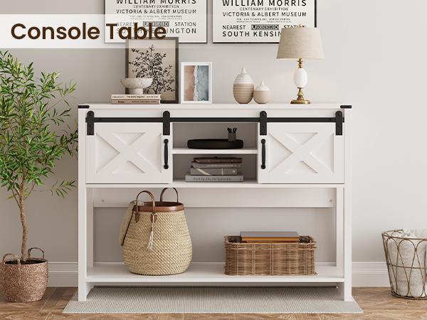 RoyalCraft Entryway Table with Storage, 46" Modern Farmhouse Console Table with Sliding Barn Door, Wood Rustic Sofa Table with Adjustable Shelf for Hallway, Living Room, Foyer