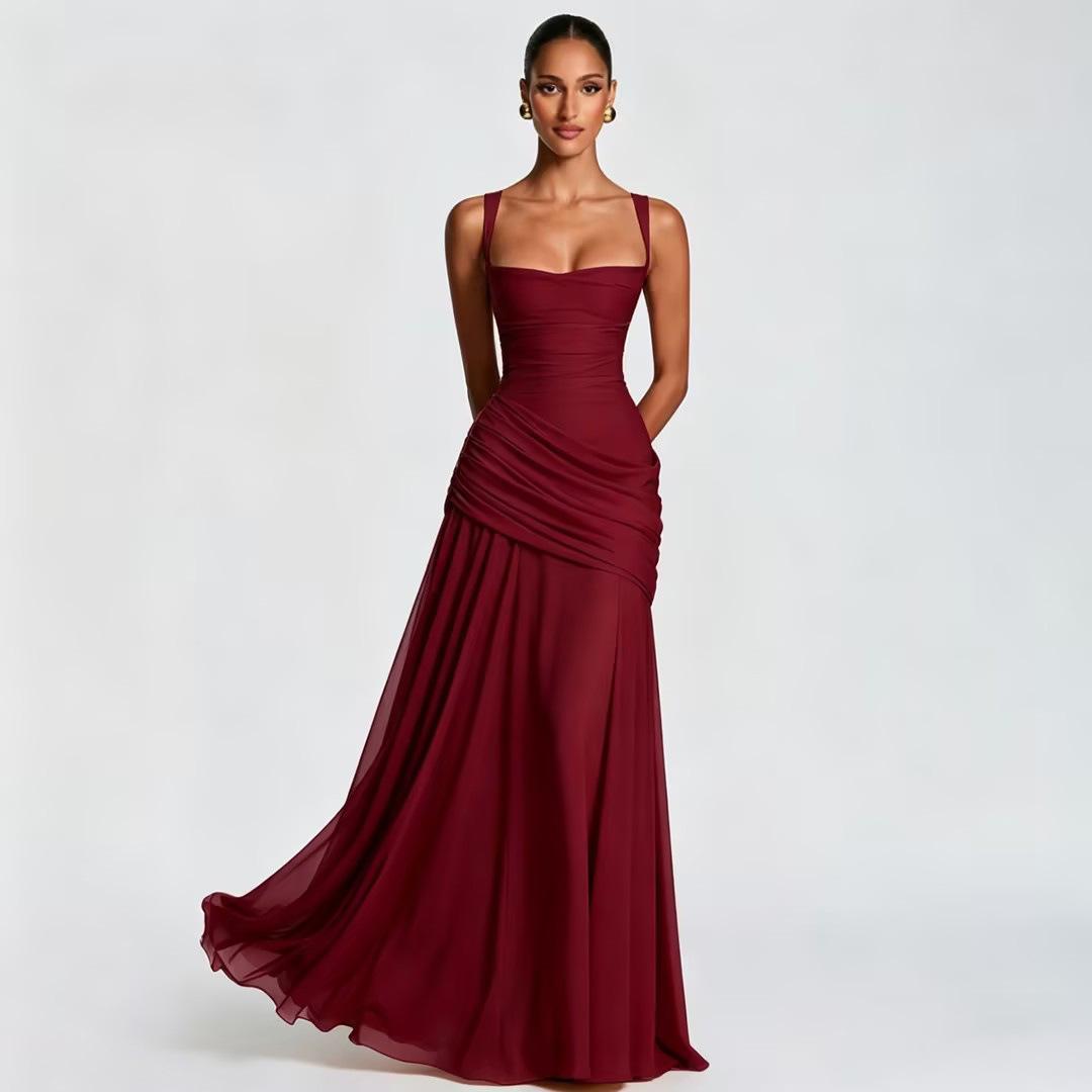 Women's 2026 Spring Summer Sleeveless Solid Color Cinched Waist Flared Formal Dress, European American Elegant Cocktail Party Evening Dress