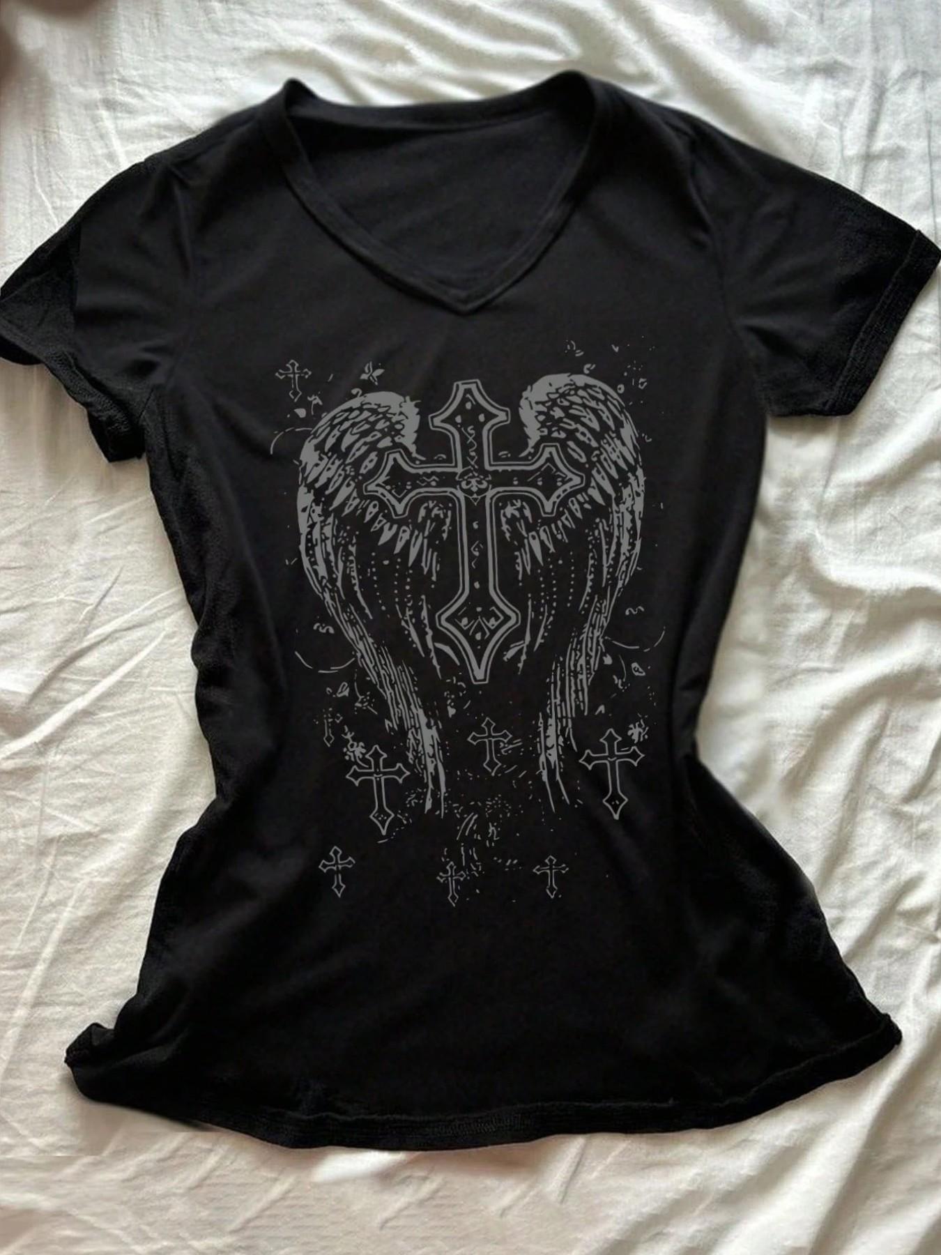 愛 andwang Cross lace long tee black Viral Dark Gothic Winged Cross Graphic V-Neck T-Shirt | Stretchy