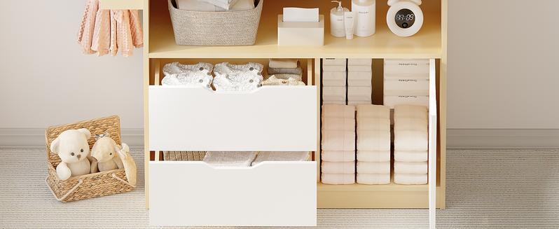LInor Baby Changing Table Dresser with 3 Drawers and 1 Storage Shelves, Baby Changing Station with Light Wooden and White Finish Newborn Nursery