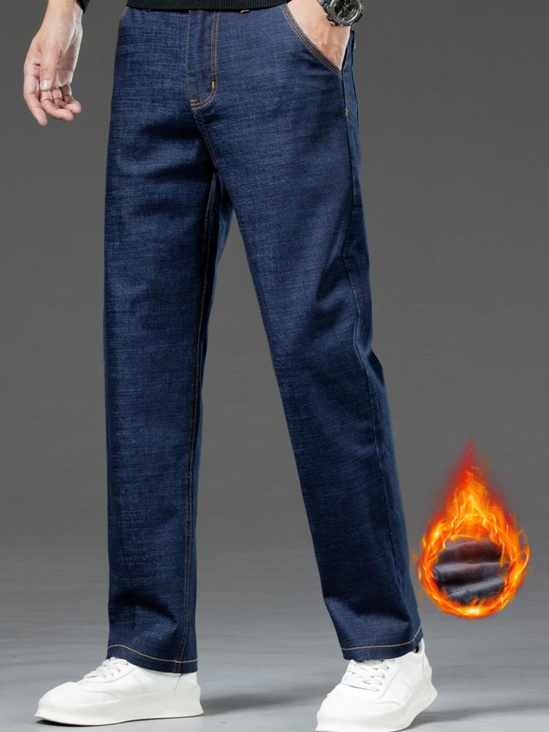 Men's Denim Jeans with Topstitching, Loose Straight Leg Long Pants, Stretch Fashion Pants for Fall & Winter