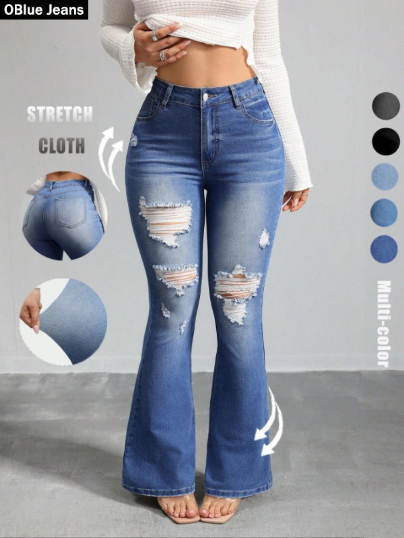 OBlue Jeans Women's Flare Leg Jeans, Casual Comfy Stretchy High Waist Bell Bottom Trousers for Daily Wear, Ladies Bottoms for All Seasons, Pants