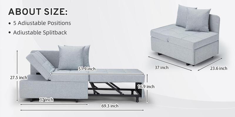 Erommy 69"Sleeper Interior Folding Chair Bed, 3-in-1 Convertible Futon Multi-Functional Sofa Bed Adjustable Reading Chair with Modern Linen Fabric,Light Grey Couch Furniture Living Room Minimal Design Lounge Erommy 69"Sleeper Interior Folding Chair Bed, 3-in-1 Convertible Futon Multi-Functional Sofa Bed Adjustable Reading Chair with Modern Linen Fabric,Light Grey Couch Furniture Living Room Minimal Design Lounge