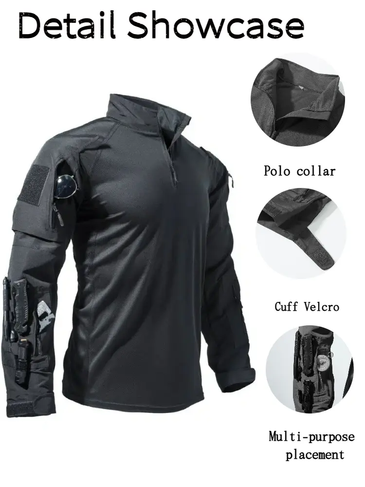 Men's Long-Sleeve Multi-Pocket Breathable Fabric Sports Training Combat T-Shirt, Scratch-Resistant Workwear, Athletic Apparel, Athletic Clothes, Ideal for Hiking, Running, Fishing and Other Activities