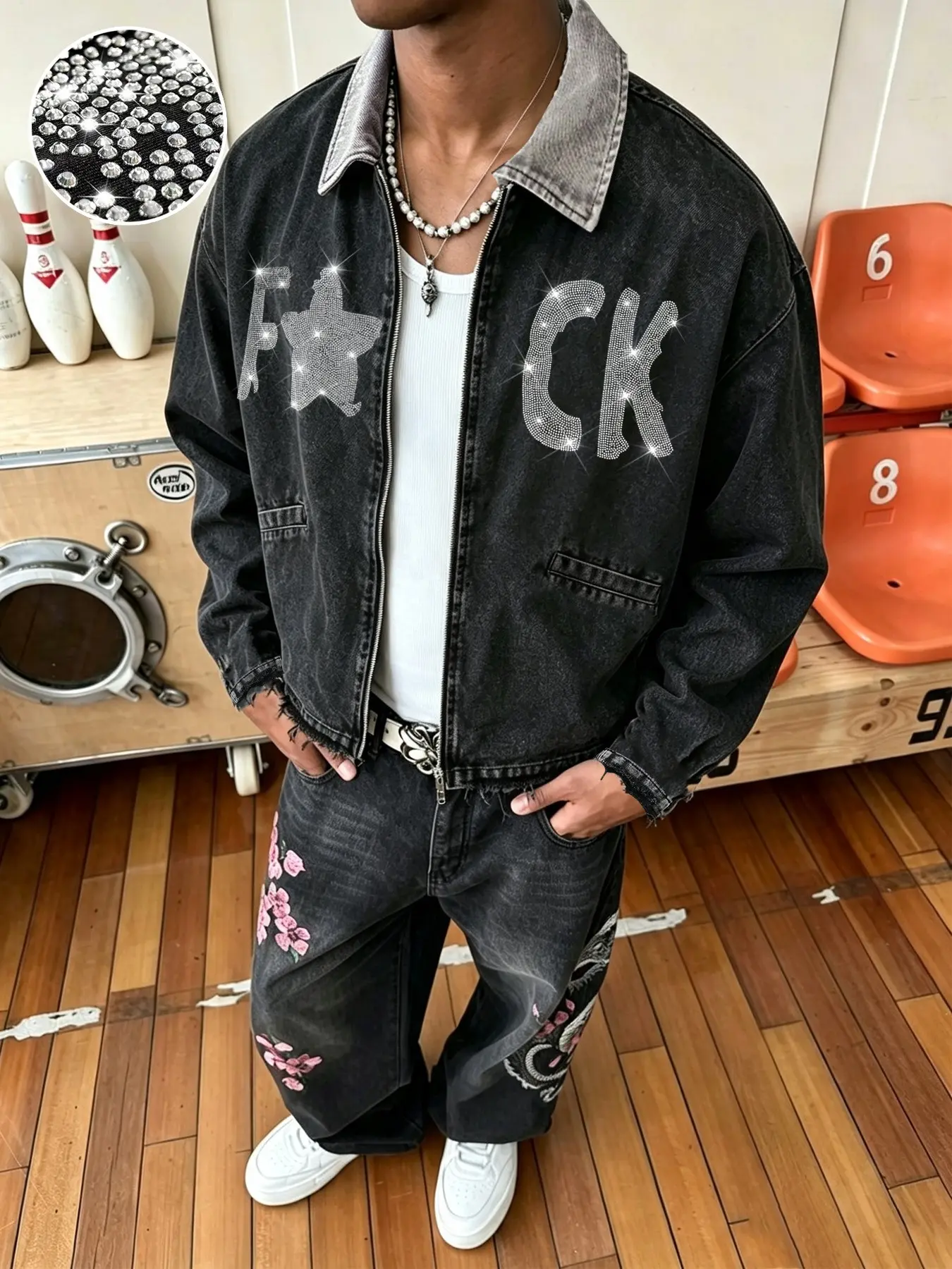 Men's Zipper Denim Jacket, Chest Rhinestone Letter Star Print, Gradient Lapel Frayed Hem, Loose Drop Shoulder, American High Street Workwear Coat