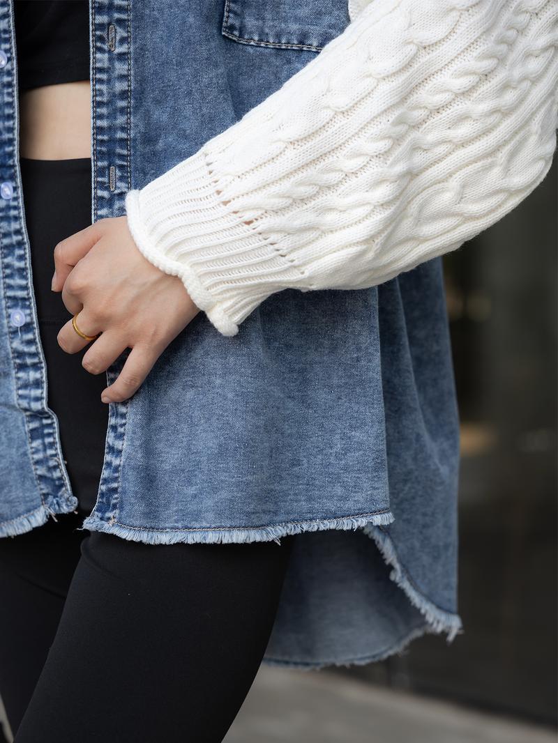 MIDIR0SS Denim Shacket with Knit Sweater Sleeves – Casual Oversized Button-Up