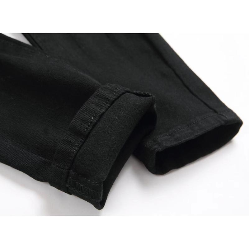 Boy's Embroidered Skinny Jeans Slim Fit Ripped Destroyed Distressed Fashion Denim Pants Black Jeans