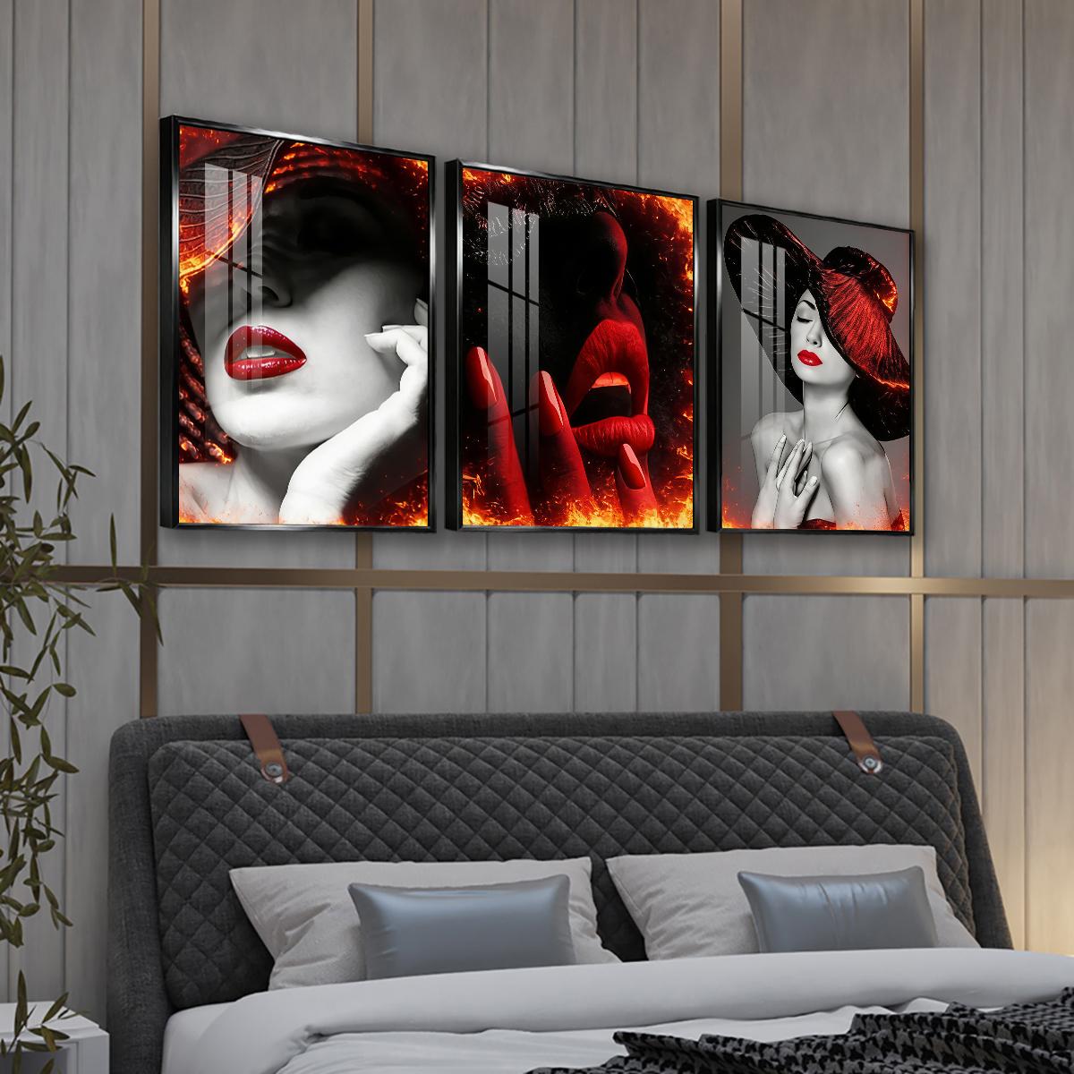 3 Counts Aluminum Alloy Framed Painting, Abstract Red Lips And Black Hat Lady Pictures, Home Decoration For Living Room, Bedroom, Office, Restaurant, Hallway Wall Decor, Odorless Print Artwork, Luxury Perfect Gift For Friends And Family