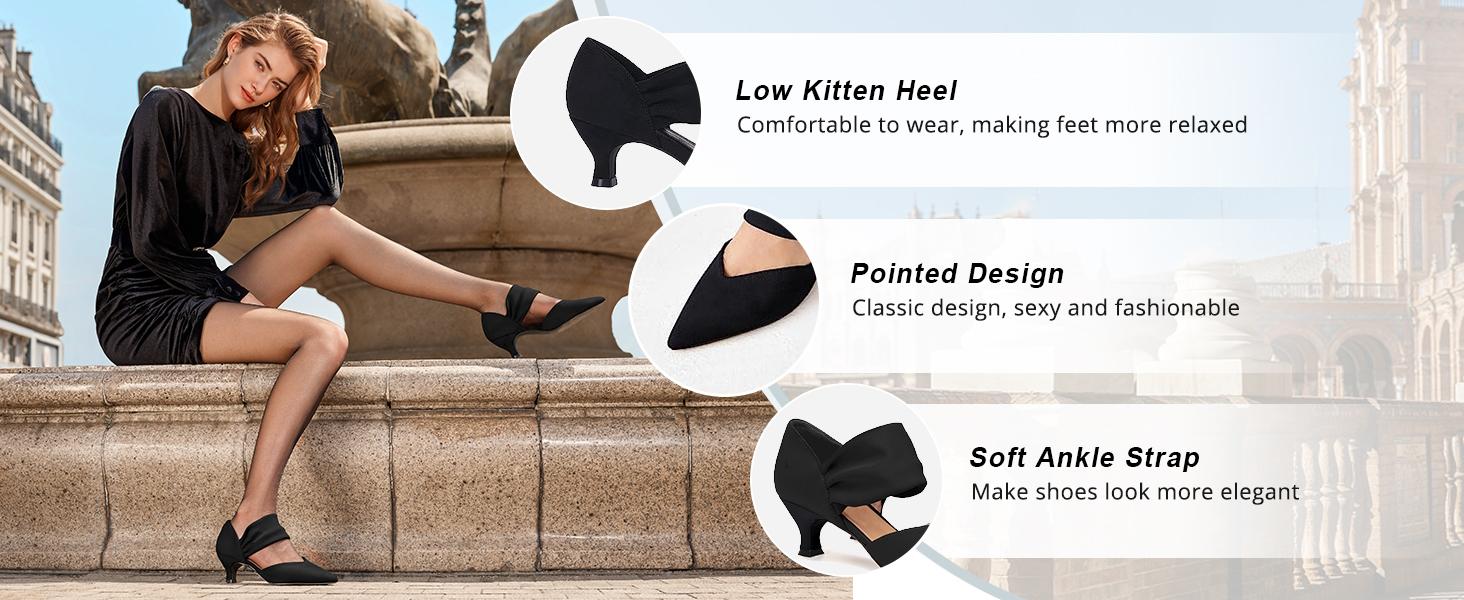 Coutgo Womens Low Kitten Heel Dress Shoes Pointed Toe Slip on Ankle Strap Cutout Elegant Party Wedding Pumps