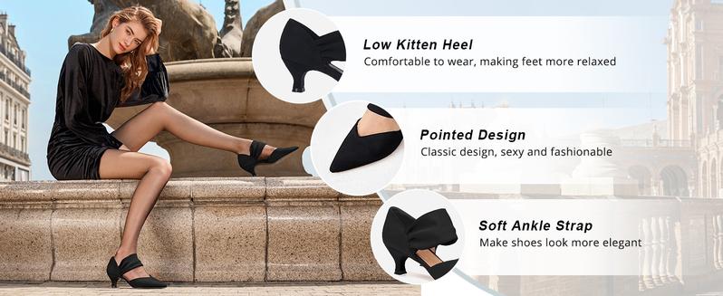 Coutgo Womens Low Kitten Heel Dress Shoes Pointed Toe Slip on Ankle Strap Cutout Elegant Party Wedding Pumps