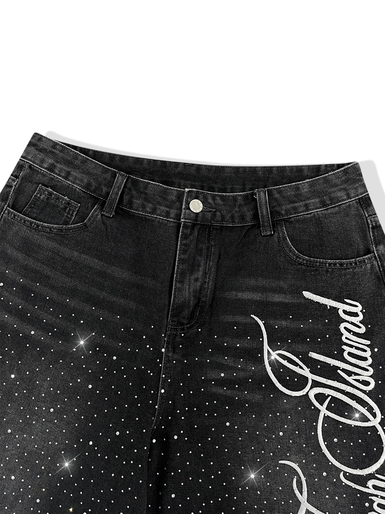 Studded Embroidered Casual Jeans, Seven-Quarter Denim Jeans, High Waist, Letter Embroidery, American Street Style, Fashion Daily Wear