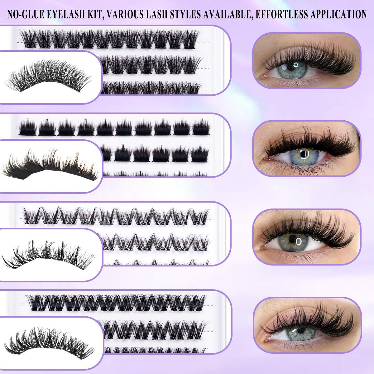 8 Styles Self-Adhesive Lash Cluster Kit, Press On Lashes with Lash Cleansing Shampoo, Tweezers and Headband, Natural Look No Glue Cluster Lashes, Ultra-Thin Lightweight for Beginners
