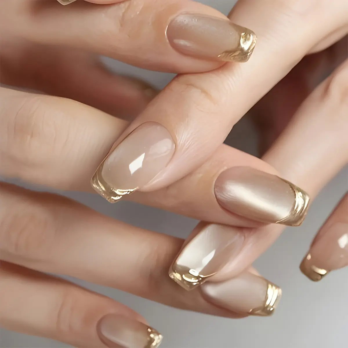 24pcs Short Square Tip False Nails, Luxe Style Nude Cat Eye + Irregular Gold Trim French, Detachable for Commute and Dates