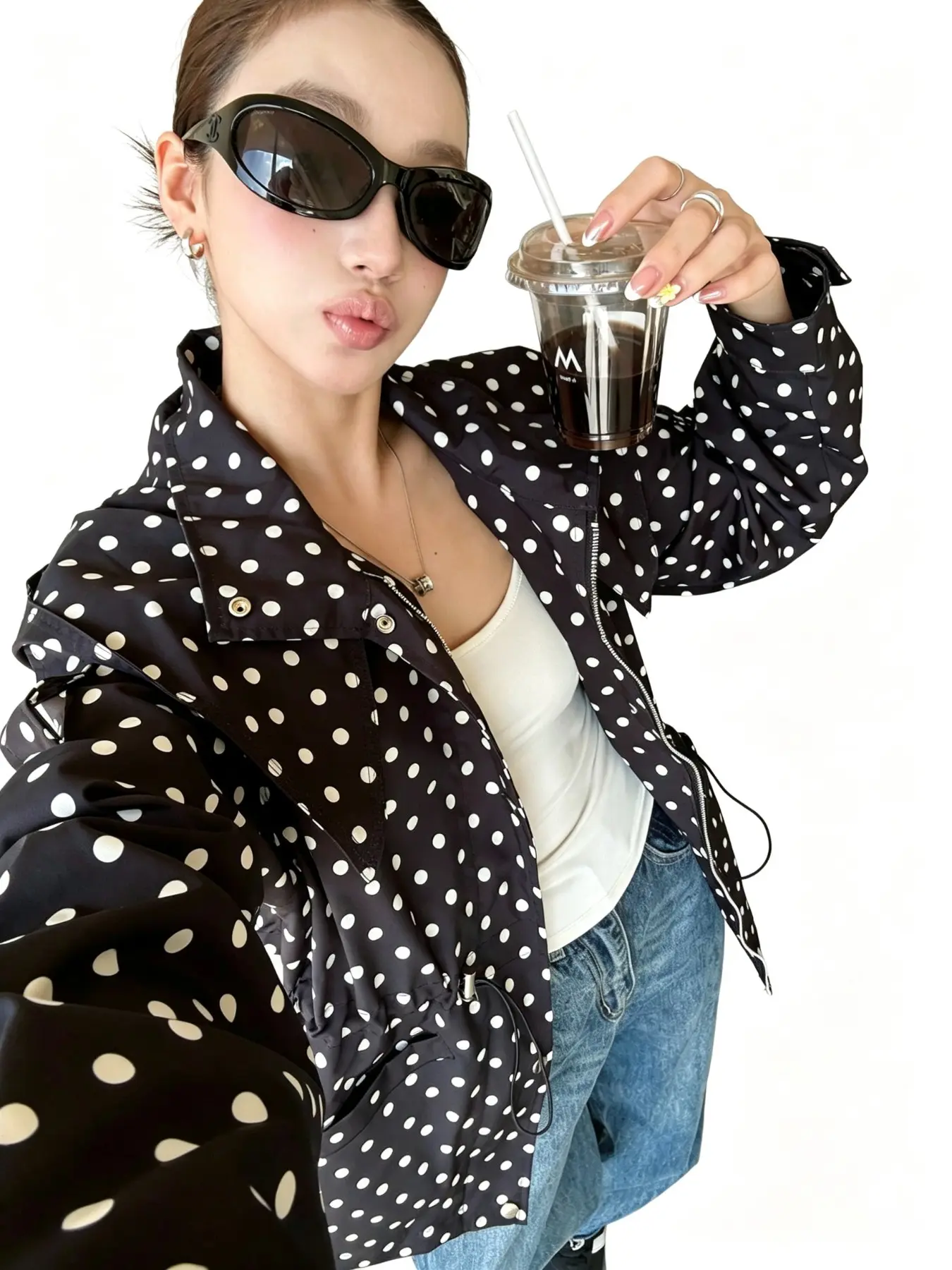 French Vintage Polka Dot Drawstring Jacket, Women, Base Dots, High Neck Lapel Design, Adjustable Waist, Large Pockets, Fashionable Casual Coat