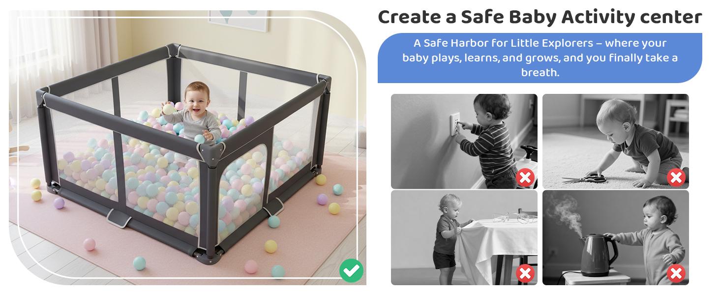Dark Gray Unisex Folding Playpen for Babies & Toddlers - Collapsible Frame, Safe Materials, Sturdy, Secure, Indoor-Outdoor Use, Portable Travel Play Yard with Carry Bag