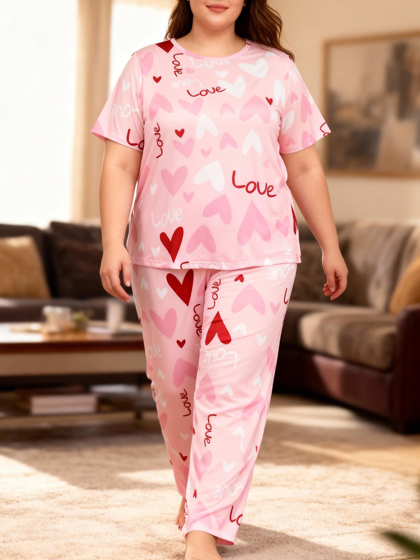 Women's Plus Size 2-Piece Pajama Set Loungewear, Loose-Fitting Short Sleeve Long Pants, All over Print, Casual Home Wear, All Seasons